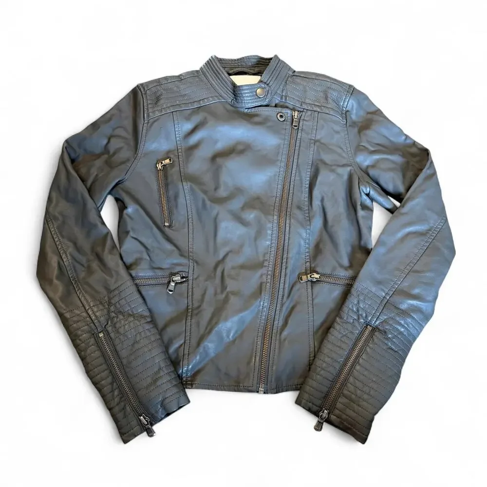 Y2K Ettitwa Anthropologie Charcoal Gray Leather Fitted Moto Jacket Luxe Size XS